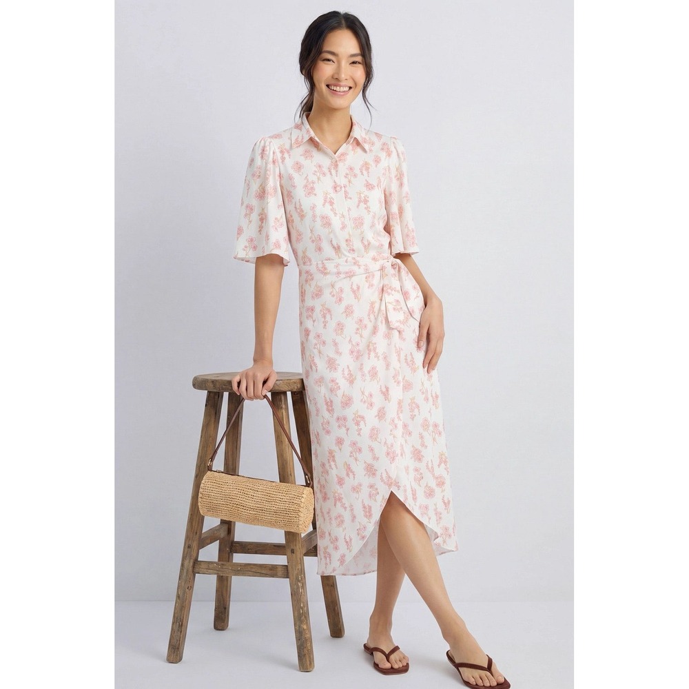 Les Reveries Pink Floral Silk Wrap Midi Dress Flutter Sleeve Size 6 Made in USA
